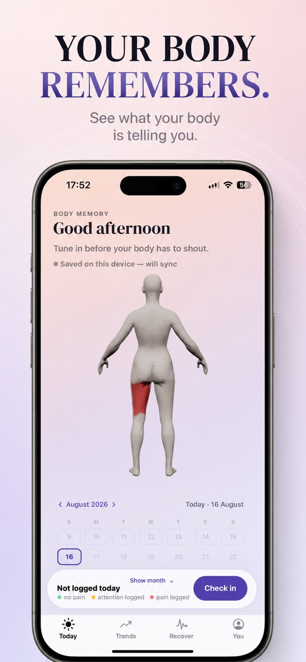 Body Memory Today screen showing a visual body history and daily check-in