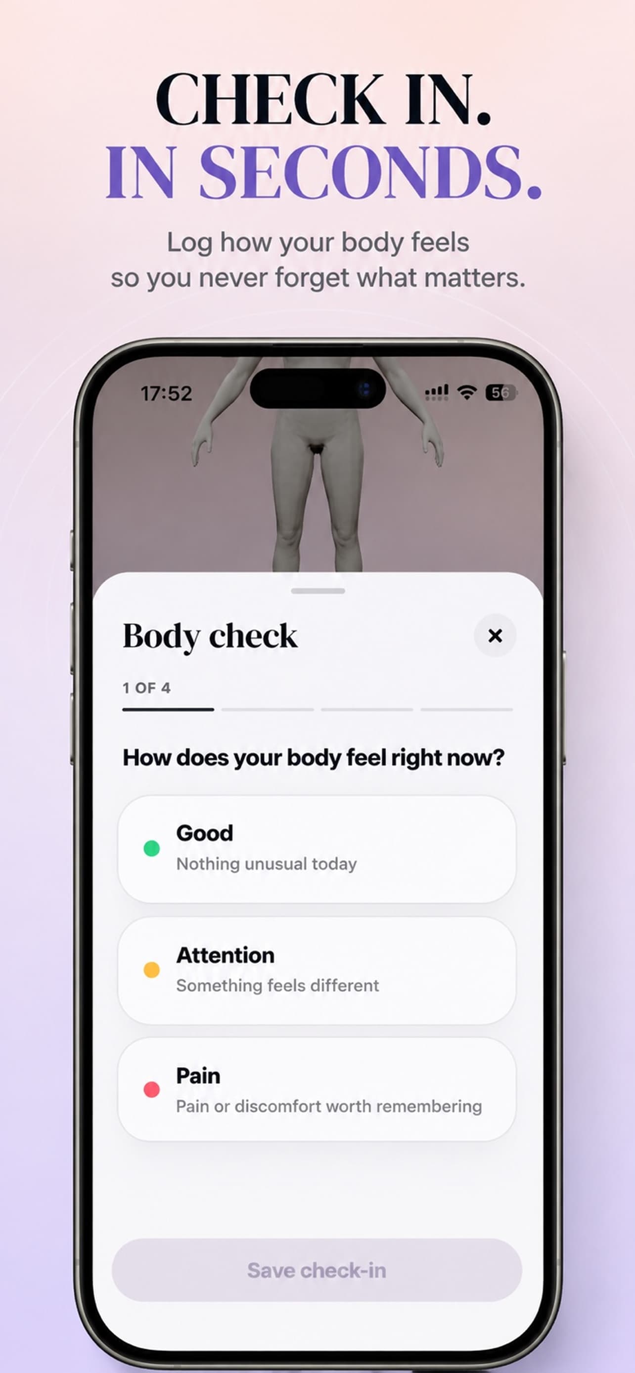 Body Memory daily body check with Good, Attention and Pain options