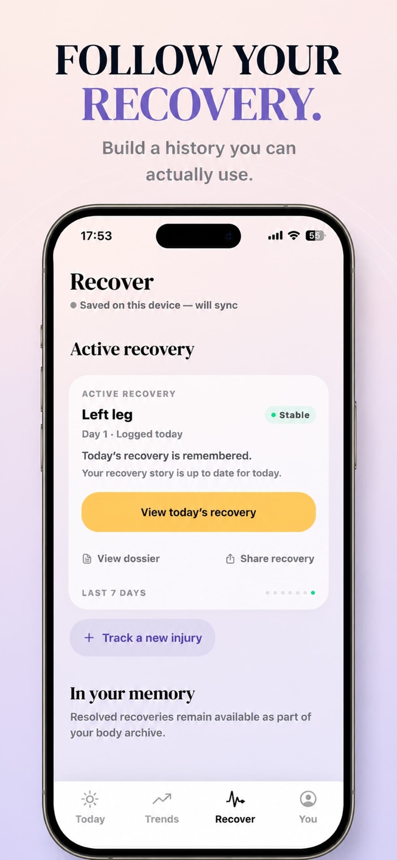 Body Memory Recover screen showing an active recovery timeline