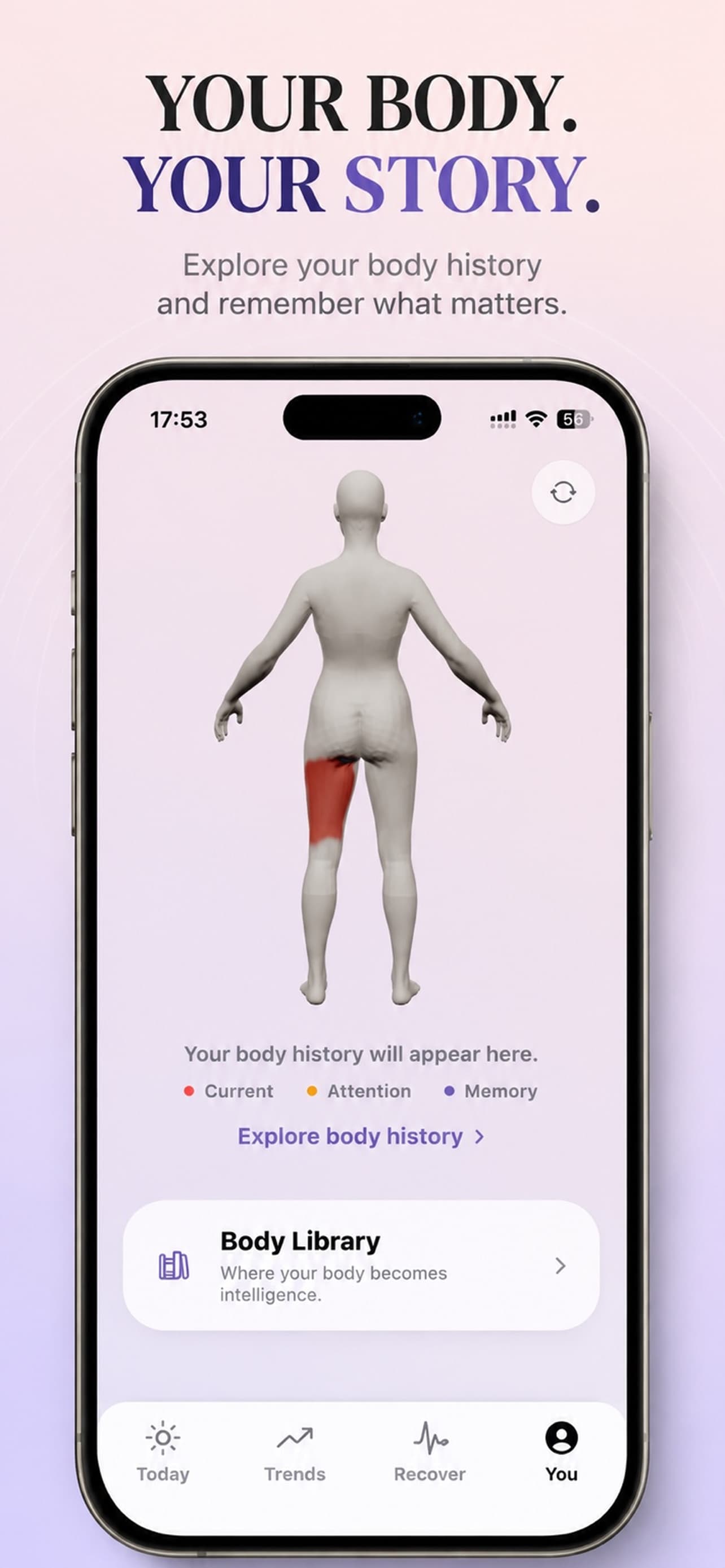 Body Memory You screen showing an interactive body history
